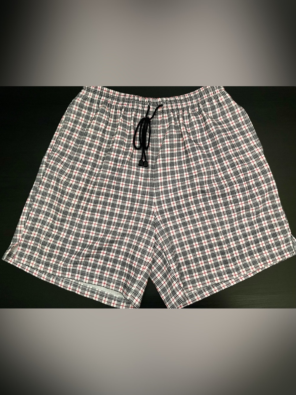 LizBlack & White Plaid Drawstring Shorts with Red Accents